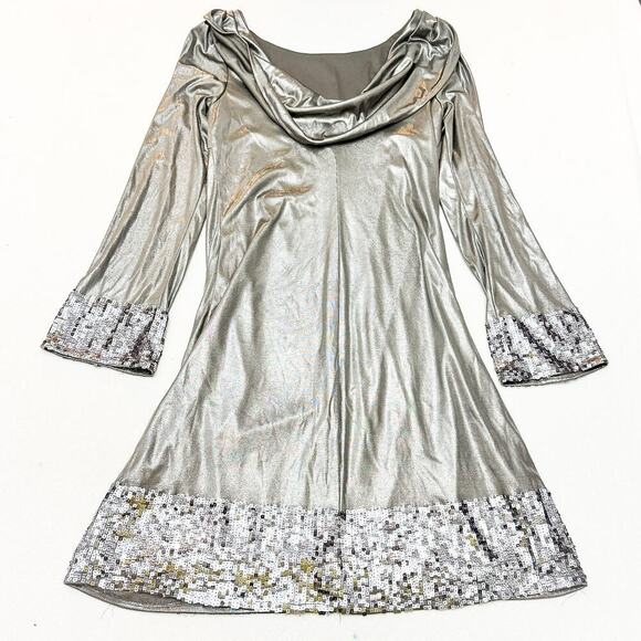 Oleg Cassini Vintage Metallic Beaded Sequin Hem Silver Back Drape Dress Size 2 - Picture 3 of 4
